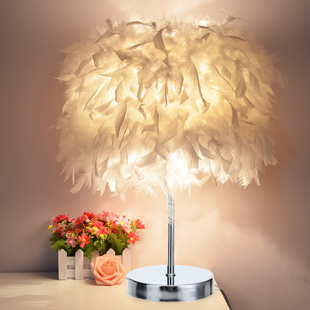 Table Lamp 220V Feather Shade Metal Bedside Desk Vintage Night Light Christmas Decor Soft Vintage Bedroom Study Room White